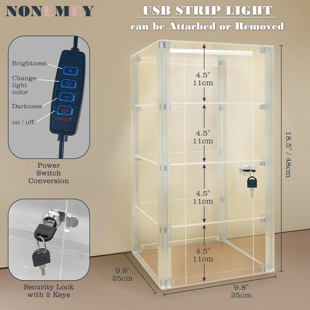 Acrylic Display case with Lock,4 Tier Lockable Security Display Case, Dustproof Protection Countertop Organizer Box