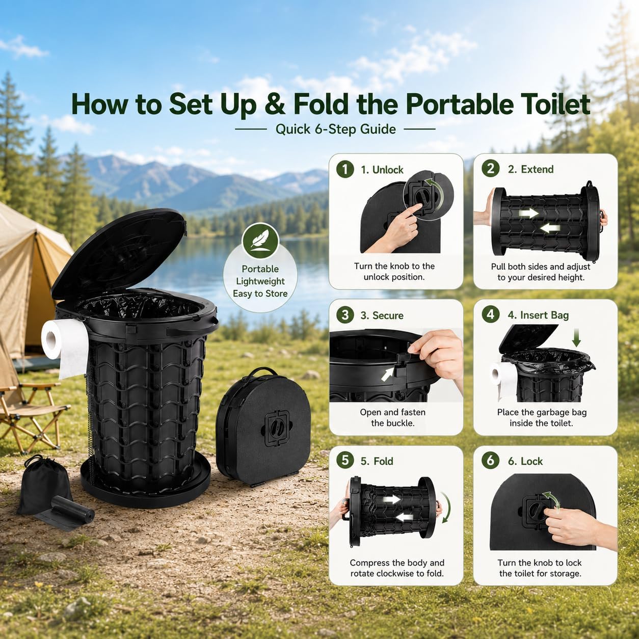 Upgrade Portable Toilet for Adults, Extra Large Seat Travel Potty with Bags & Carry Handle, 18.7" Tall Adjustable