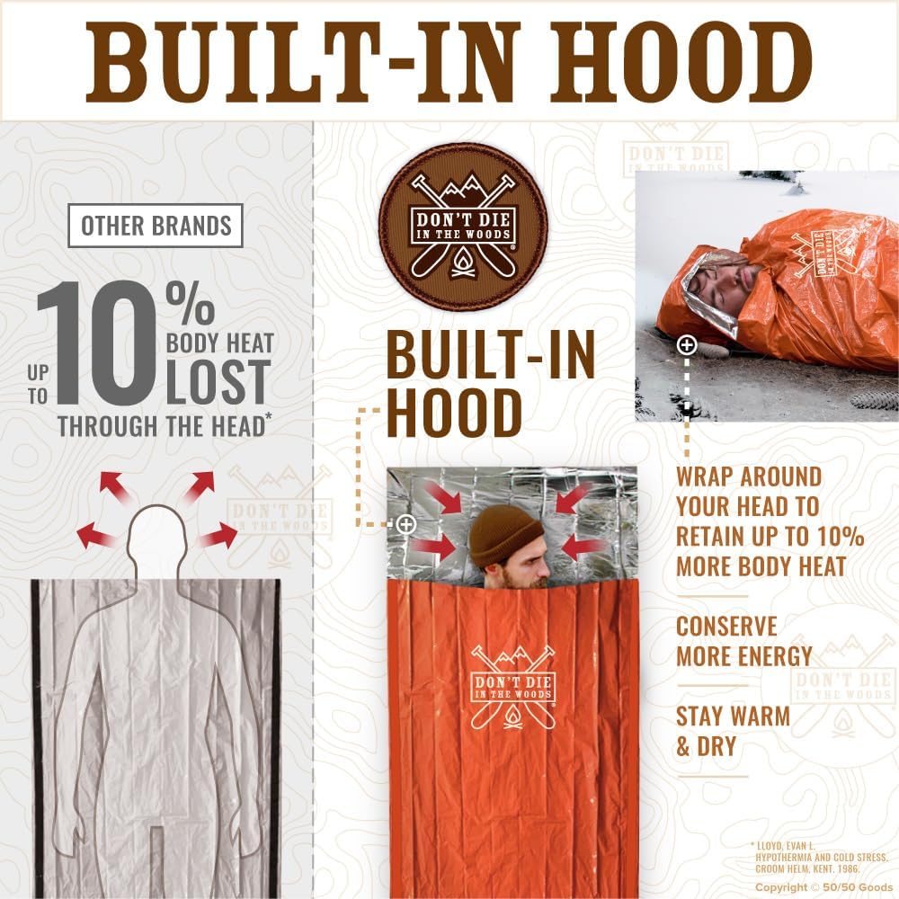 Don’t Die in The Woods – Emergency Sleeping Bag with Hood | Ultralight – Waterproof – Extra Thick – Space Blanket