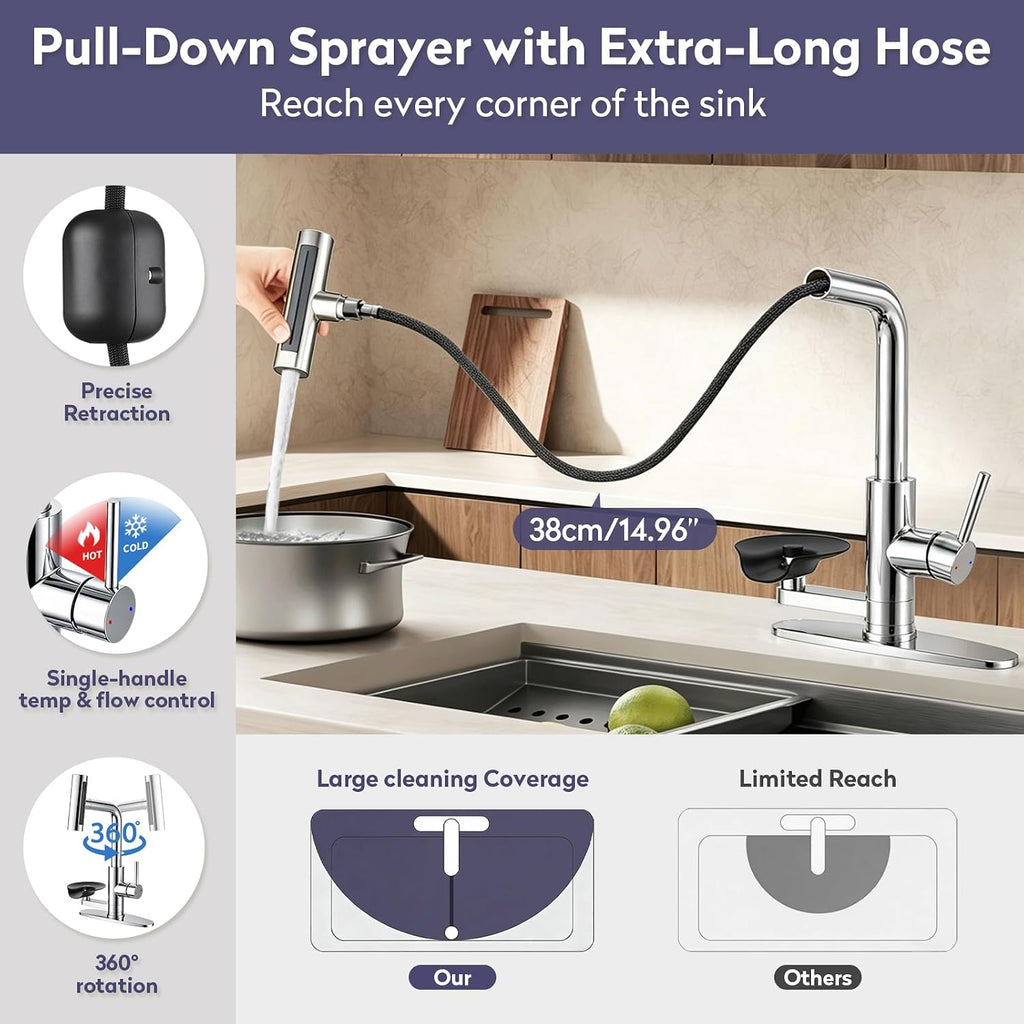 Chrome Kitchen Faucet with Pull Down Sprayer & Cup Washer