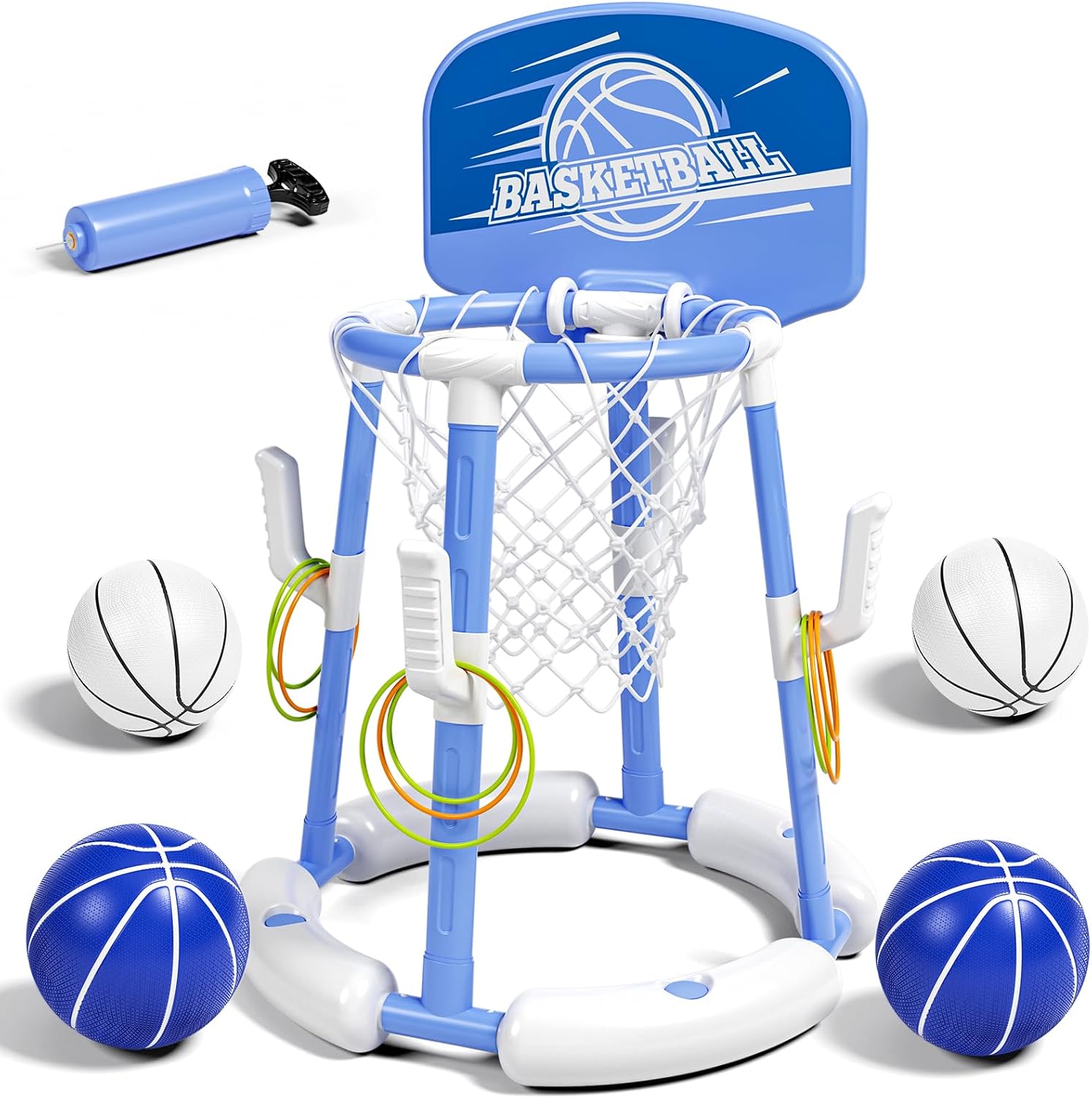 2 in 1 Pool Basketball Hoop with Backboard & Ring Toss Game,Floating Pool Toys with 4 Balls 8 Rings&Pump Summer Water