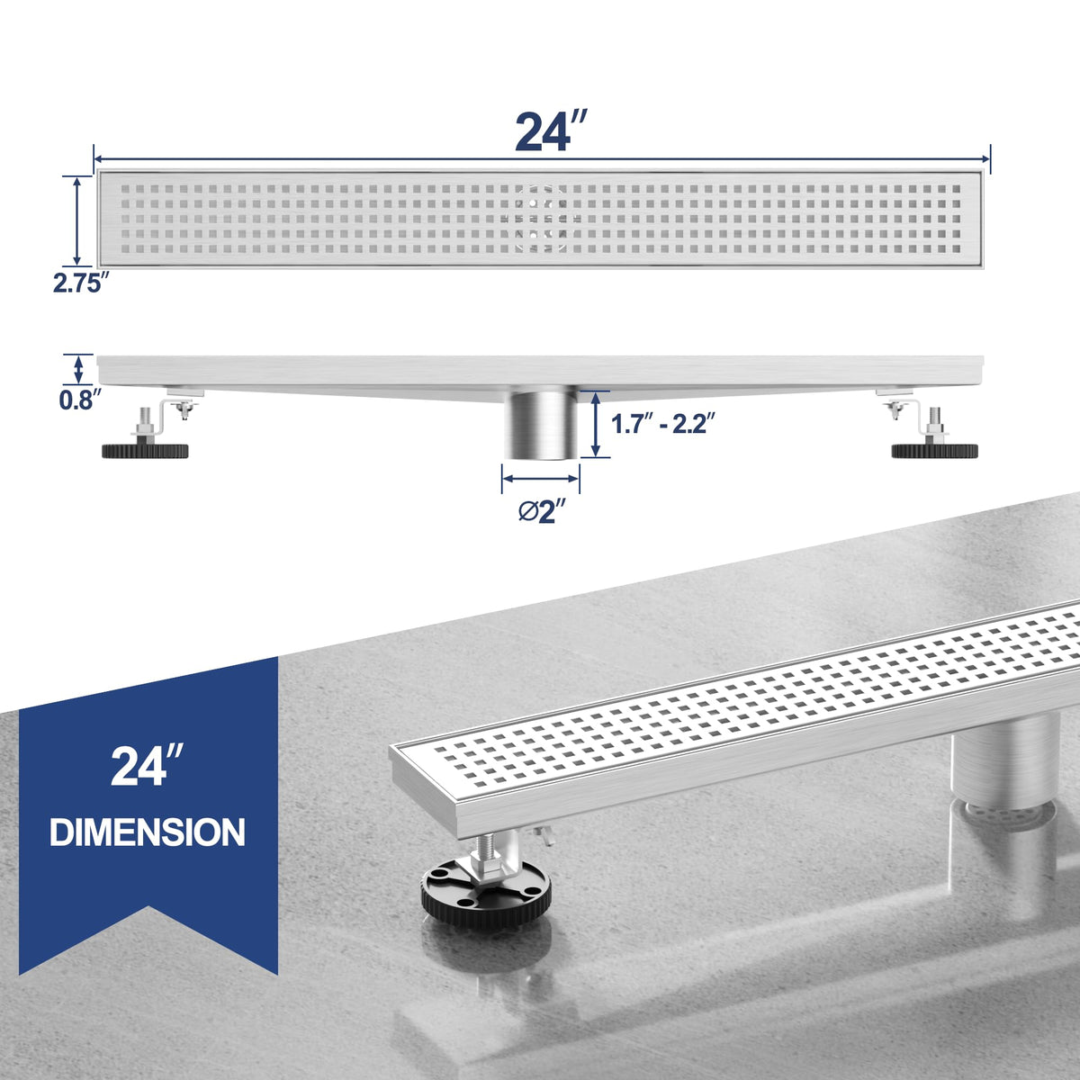 24" Linear Shower Drain, Brushed 304 SS Bathroom Linear Drain,cUPC
