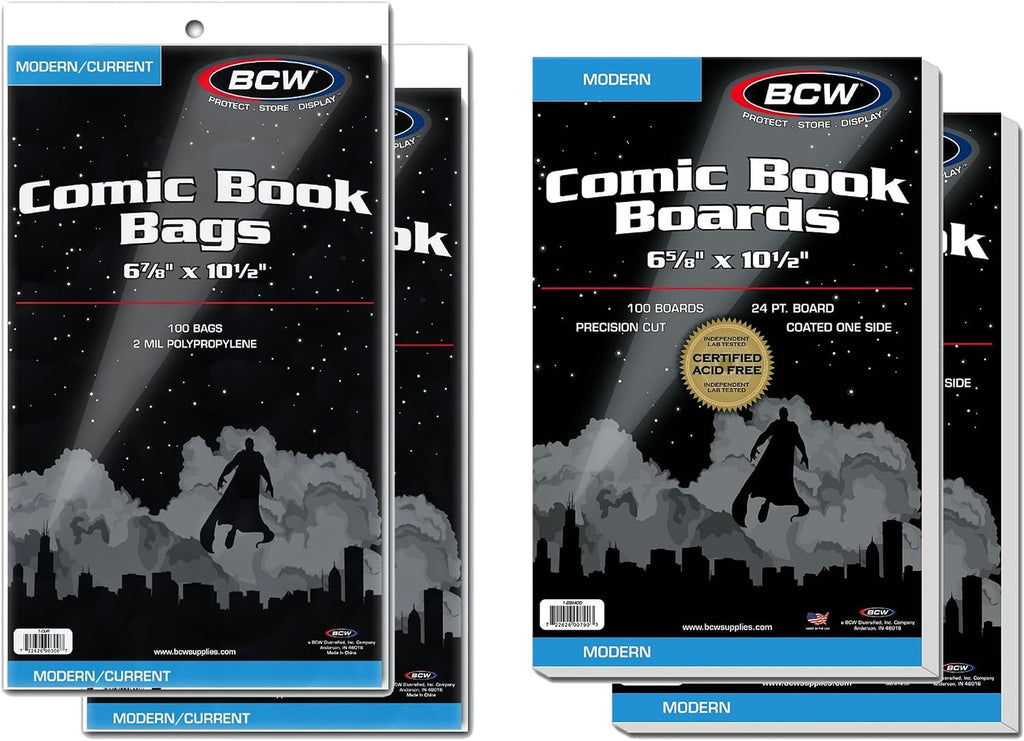 Modern Comic Bags and Backing Boards, Acid-Free, 200 Sets, 400 Pieces | Includes 200 acid-free sleeves and 200 rigid