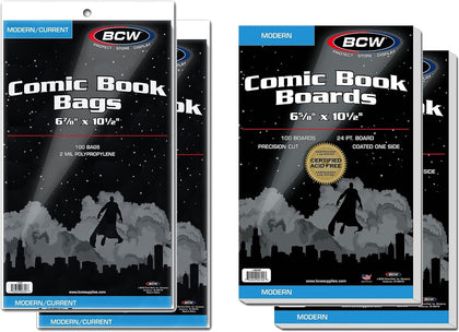 Modern Comic Bags and Backing Boards, Acid-Free, 200 Sets, 400 Pieces | Includes 200 acid-free sleeves and 200 rigid