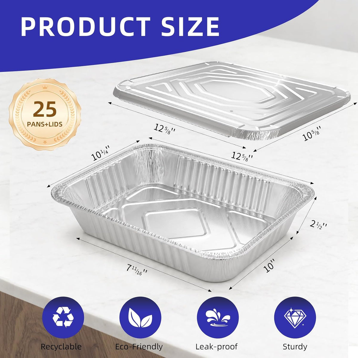 MARLCOA 9x13 Aluminum Pans with Lids (25 Pack) - Disposable Foil Half Pans