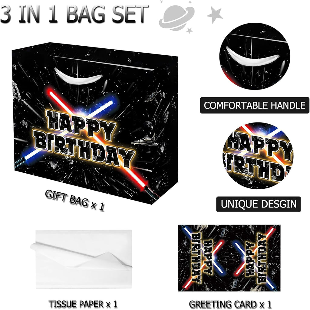 13" Large Star Party Galaxy Gift Bag Set with Greeting Card and Tissue Papers, Happy Birthday Gift Bags for Star