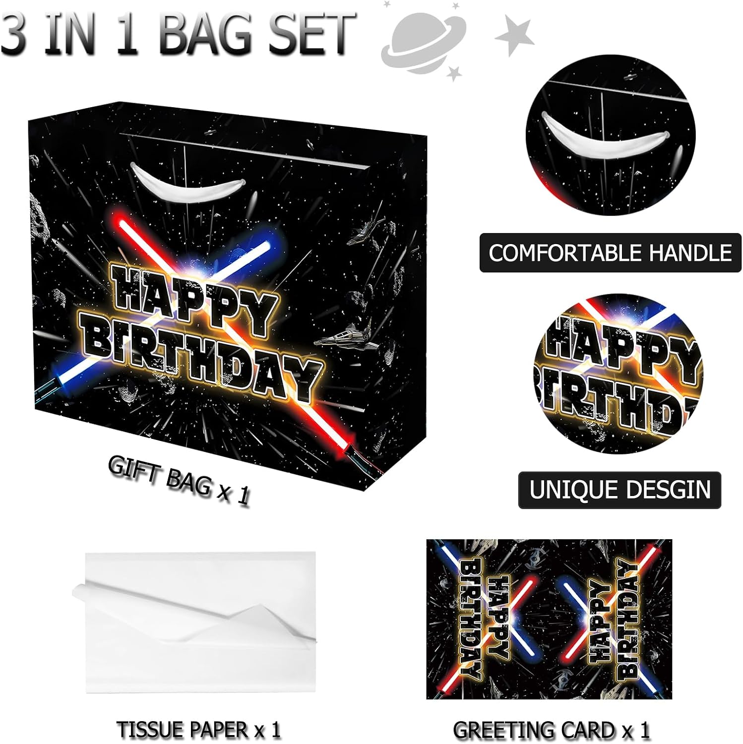 13" Large Star Party Galaxy Gift Bag Set with Greeting Card and Tissue Papers, Happy Birthday Gift Bags for Star