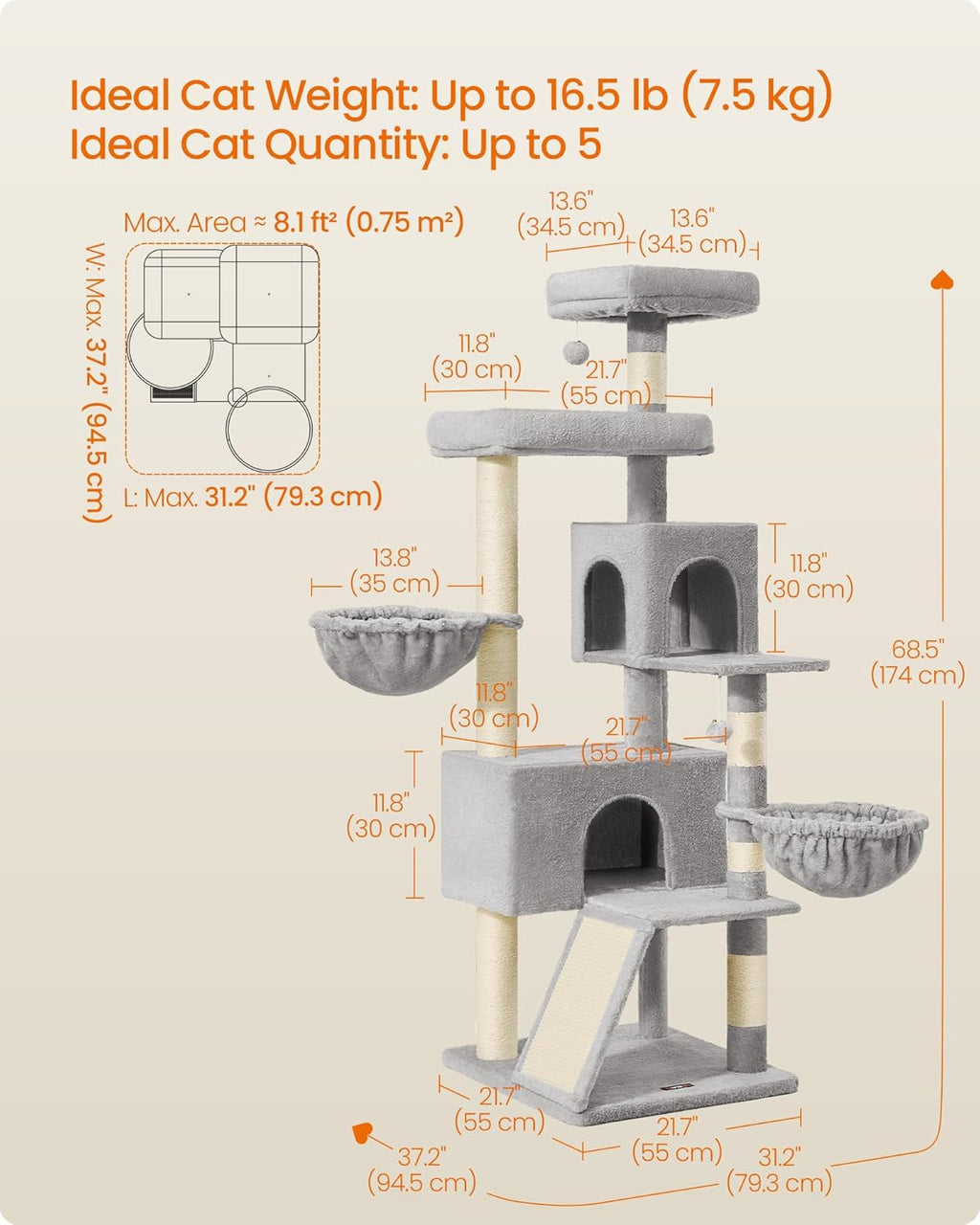Cat Tree, 68.5-Inch Tall Cat Tower, Multi-Level Plush Condo with Large Perch, Scratching Posts, Double Caves, Dove