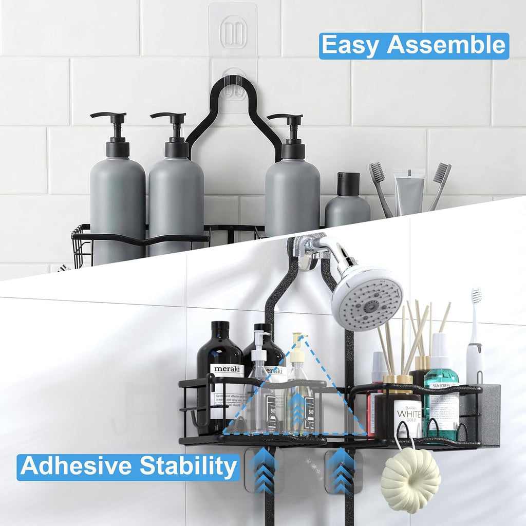 Shower Caddy Hanging Organizer Over Showerhead, Rustproof Black | 2-Tier No-Drill Hanging Shower Organizer with