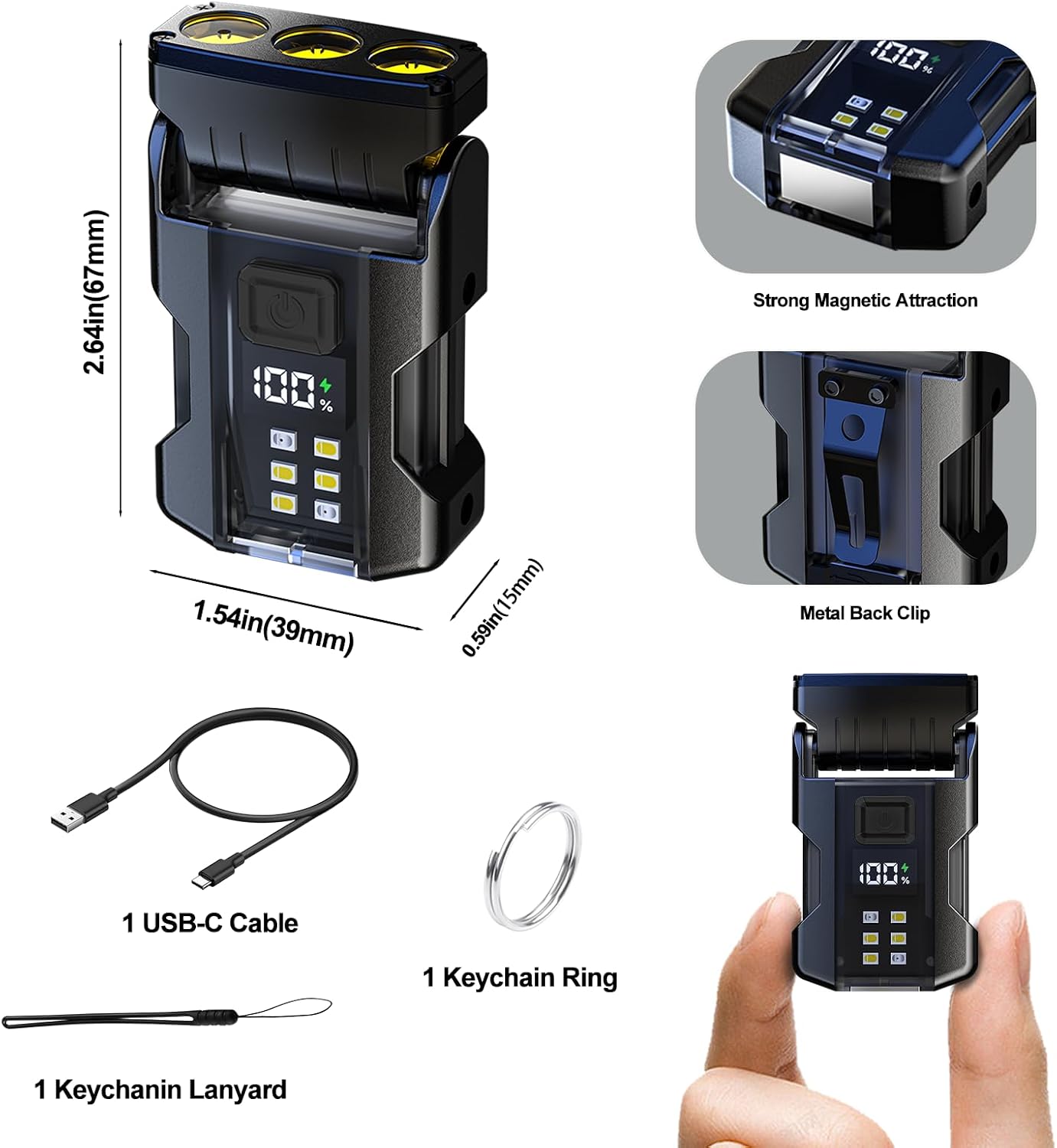 EDC Keychain Flashlight Rechargeable - Super Bright Mini Clip on Keychain Light with COB Side Light,Tail
