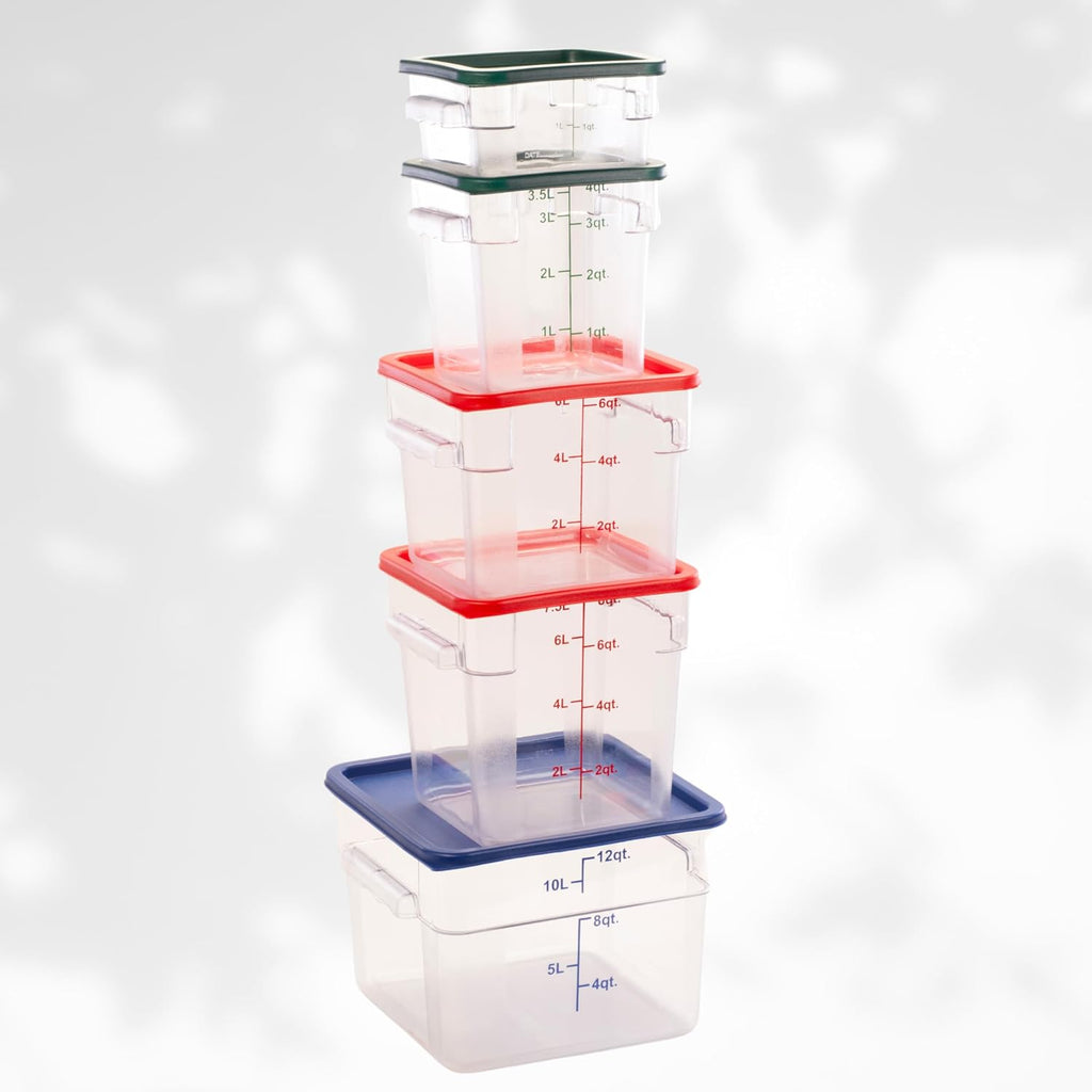 Square Food Storage Container with Blue Lid, 12 Quart, Polycarbonate, Reusable, Clear, NSF