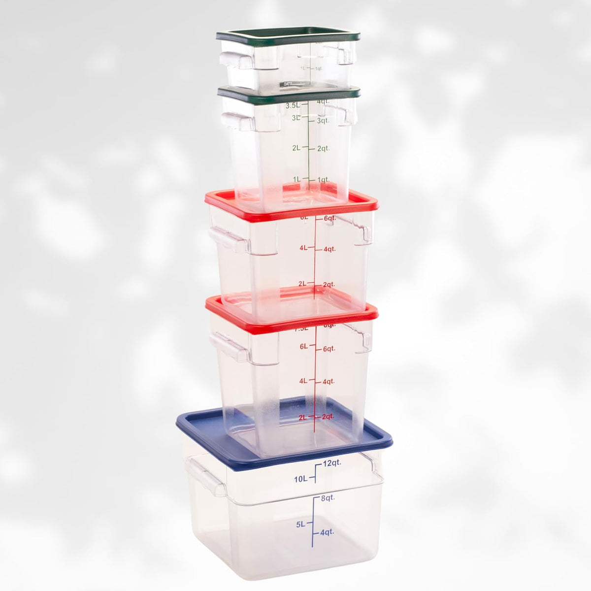 Square Food Storage Container with Blue Lid, 12 Quart, Polycarbonate, Reusable, Clear, NSF