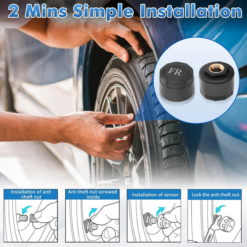Tire Pressure Monitoring System with Solar Charge, TPMS Sensors Set of 4 | TPMS with 4 External sensors & 5 Alarm