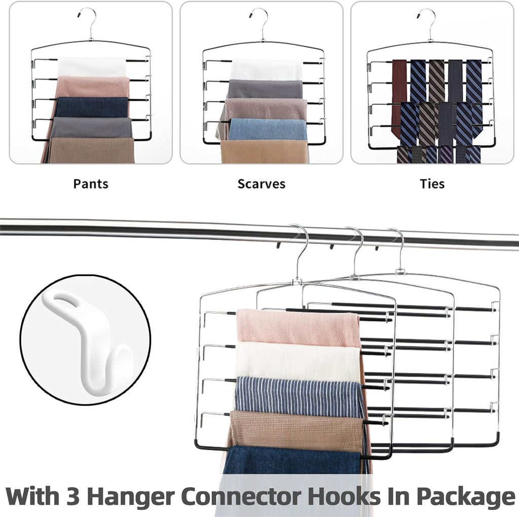 Pants Hangers Non Slip 3 Pack Space Saving Hangers Multi-Layer Swing Arm Pants Hanger Stainless Steel Space Saver