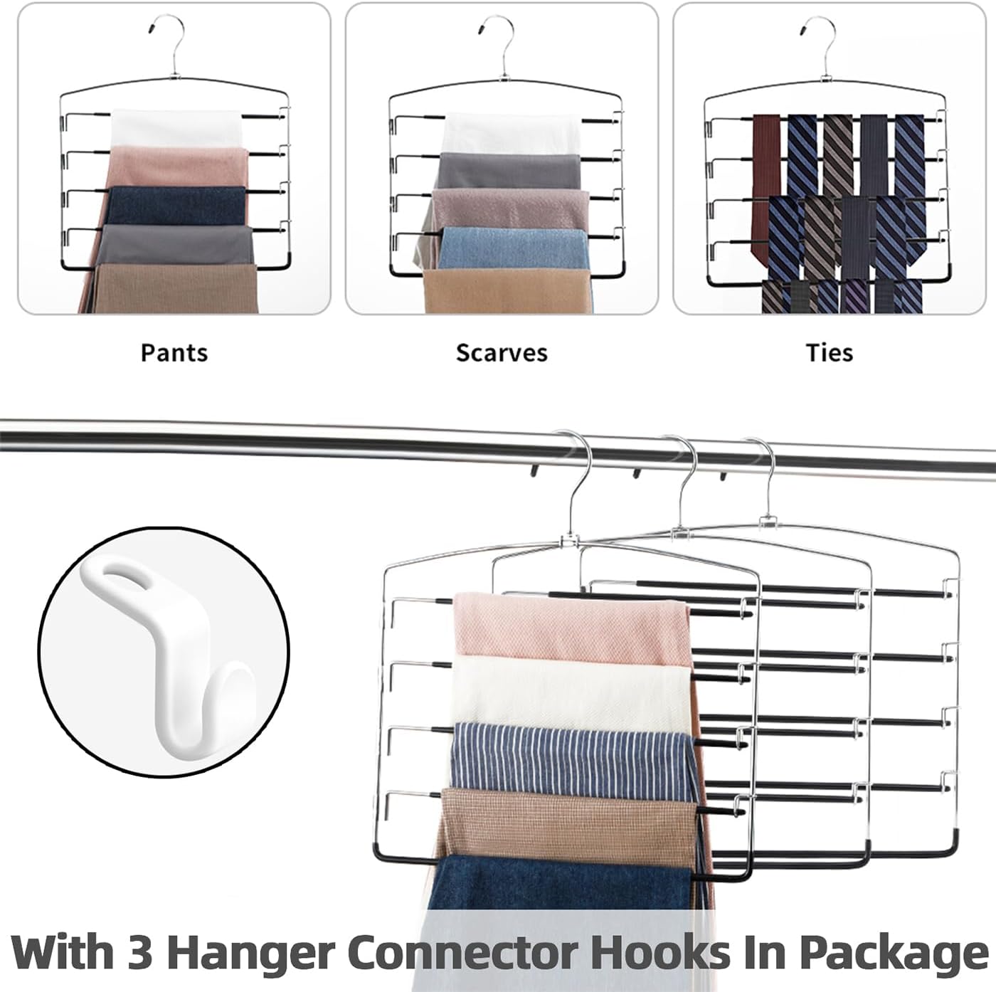 Pants Hangers Non Slip 3 Pack Space Saving Hangers Multi-Layer Swing Arm Pants Hanger Stainless Steel Space Saver