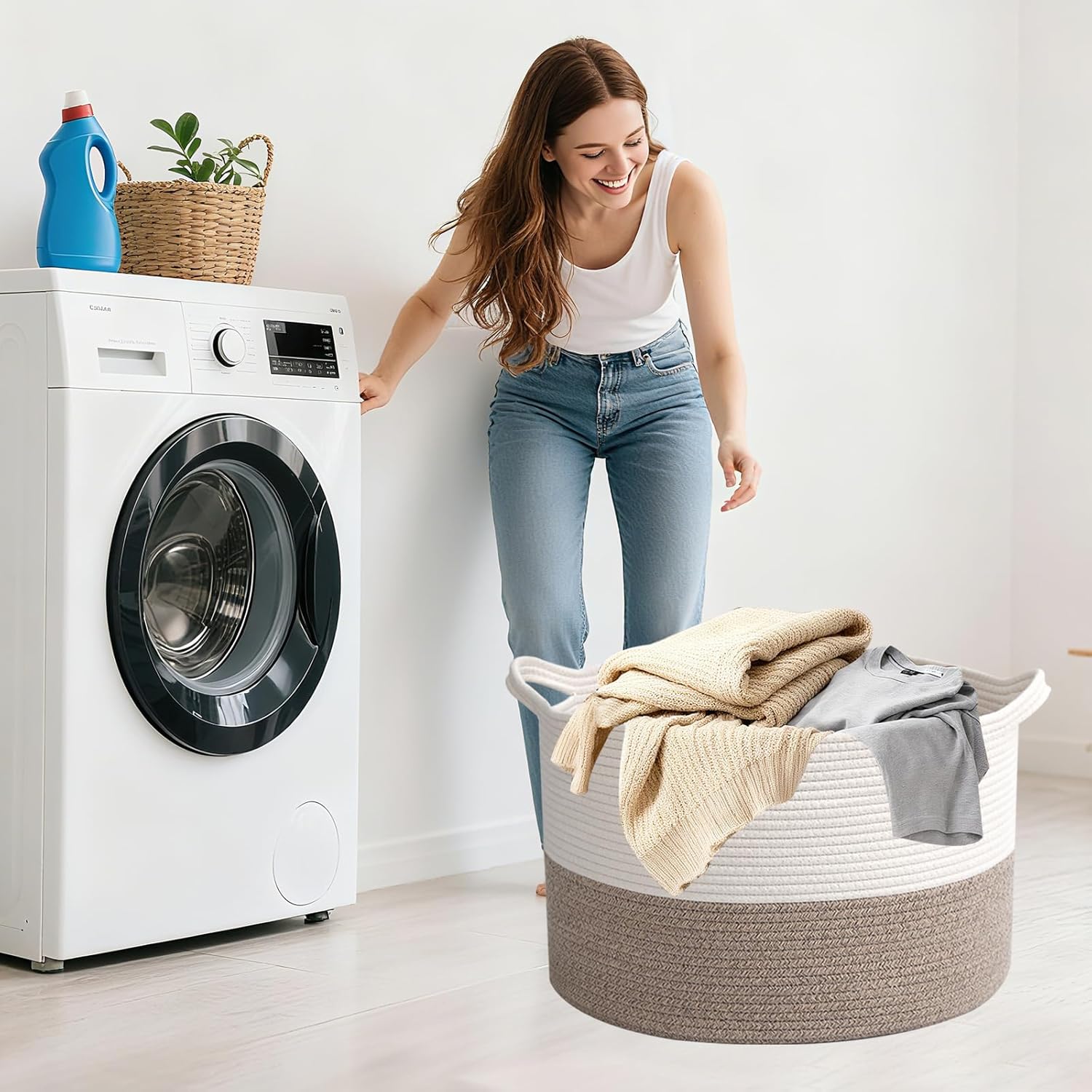 Large Woven Blanket Basket,65L Cotton Rope Laundry Basket Hamper with Handles, Decorative Nursery Basket Storage Bin