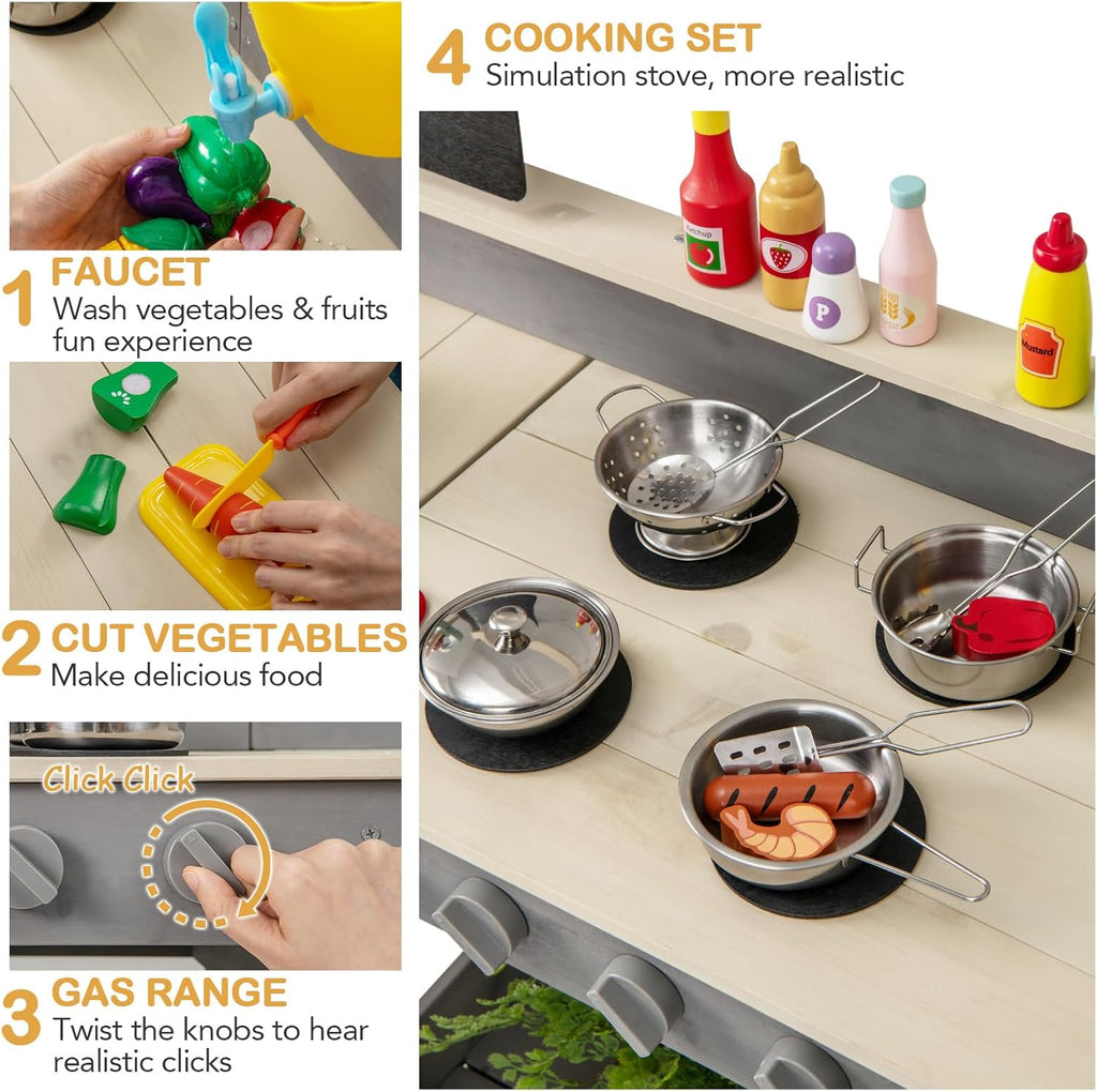 Mud Kitchen, Outdoor Play Kitchen with Faucet Chalkboard Stoves Removable Sink Cooking Accessories Wooden Kids