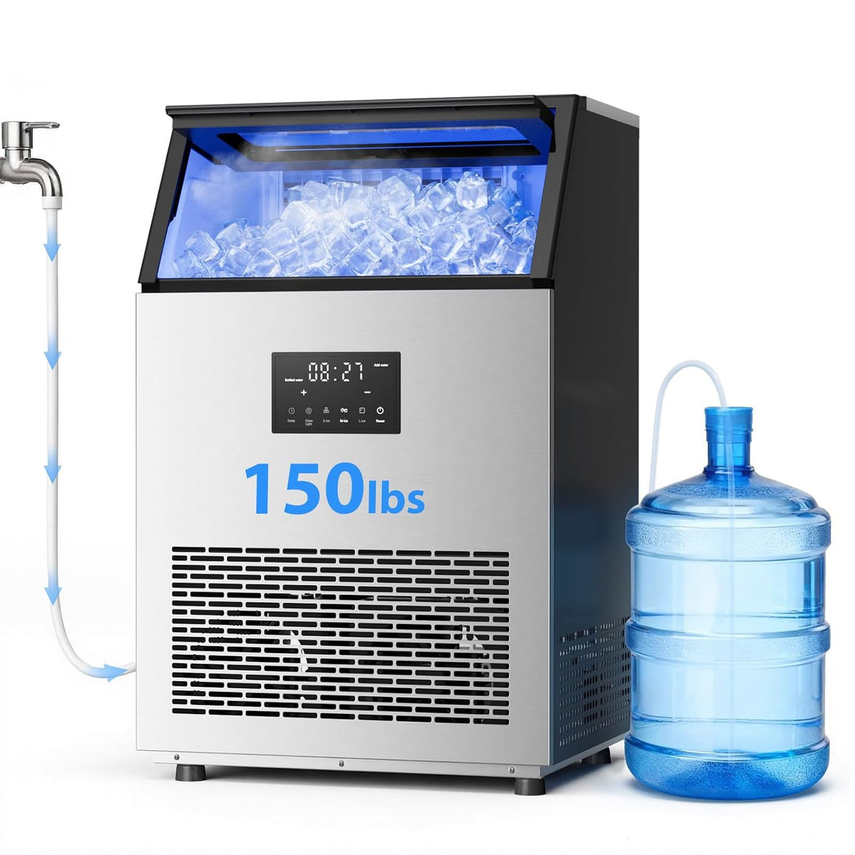 Commercial Ice Maker Machine, 150Lbs/24H Undercounter/Freestanding Ice Machine with Self-Priming Gallon Water& Facuet