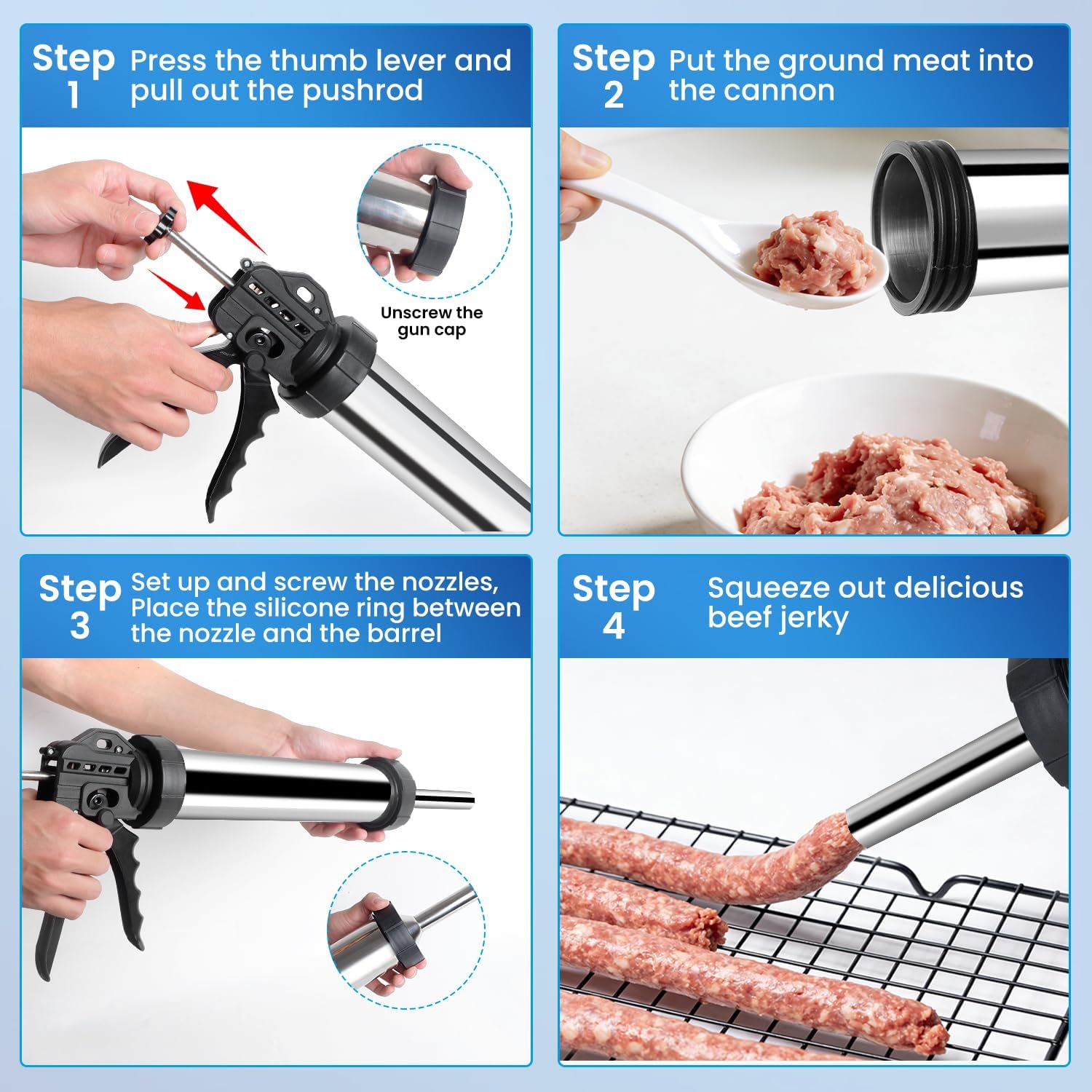 2.1 LB Professional 304 Stainless Steel Jerky Gun Kits, Sausage Stuffer, Jerky Maker, Jerky Shooter, Beef Jerky