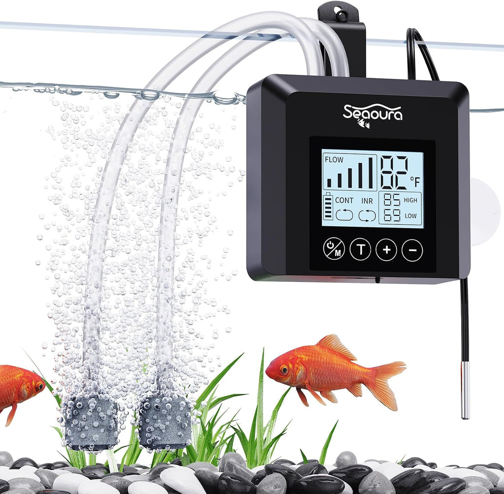 Battery Powered Aquarium Air Pump, USB Rechargeable Aerator up to 60 Gal 2.5w Fish Tank Air Pump, Temp Alarm
