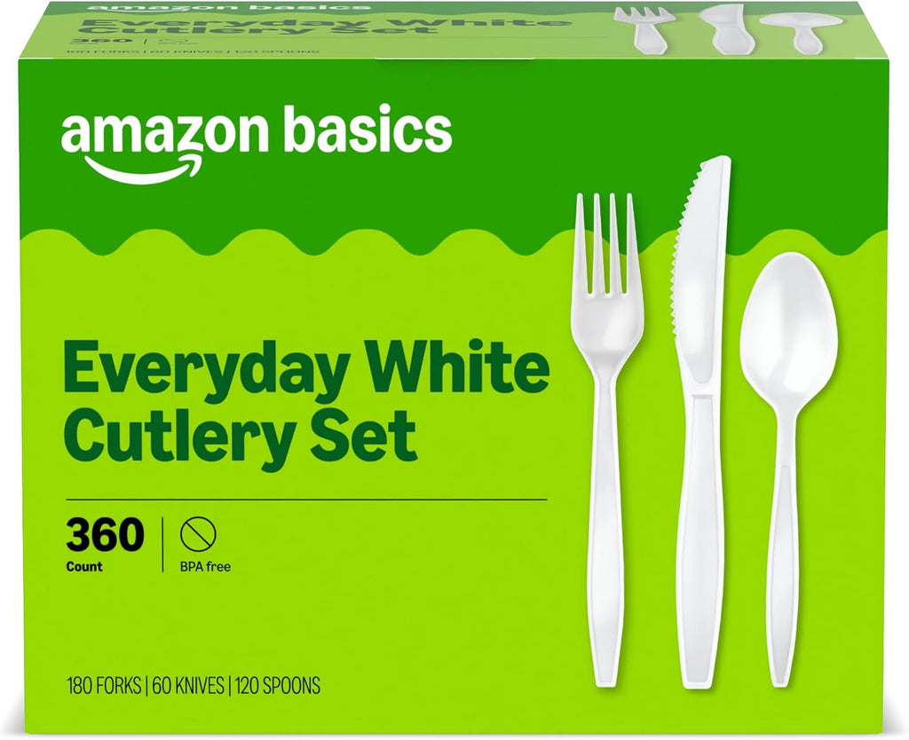 Disposable Everyday White Assorted Cutlery Set, 360 Count, Large Combo Pack, Forks, Spoons, and Knives
