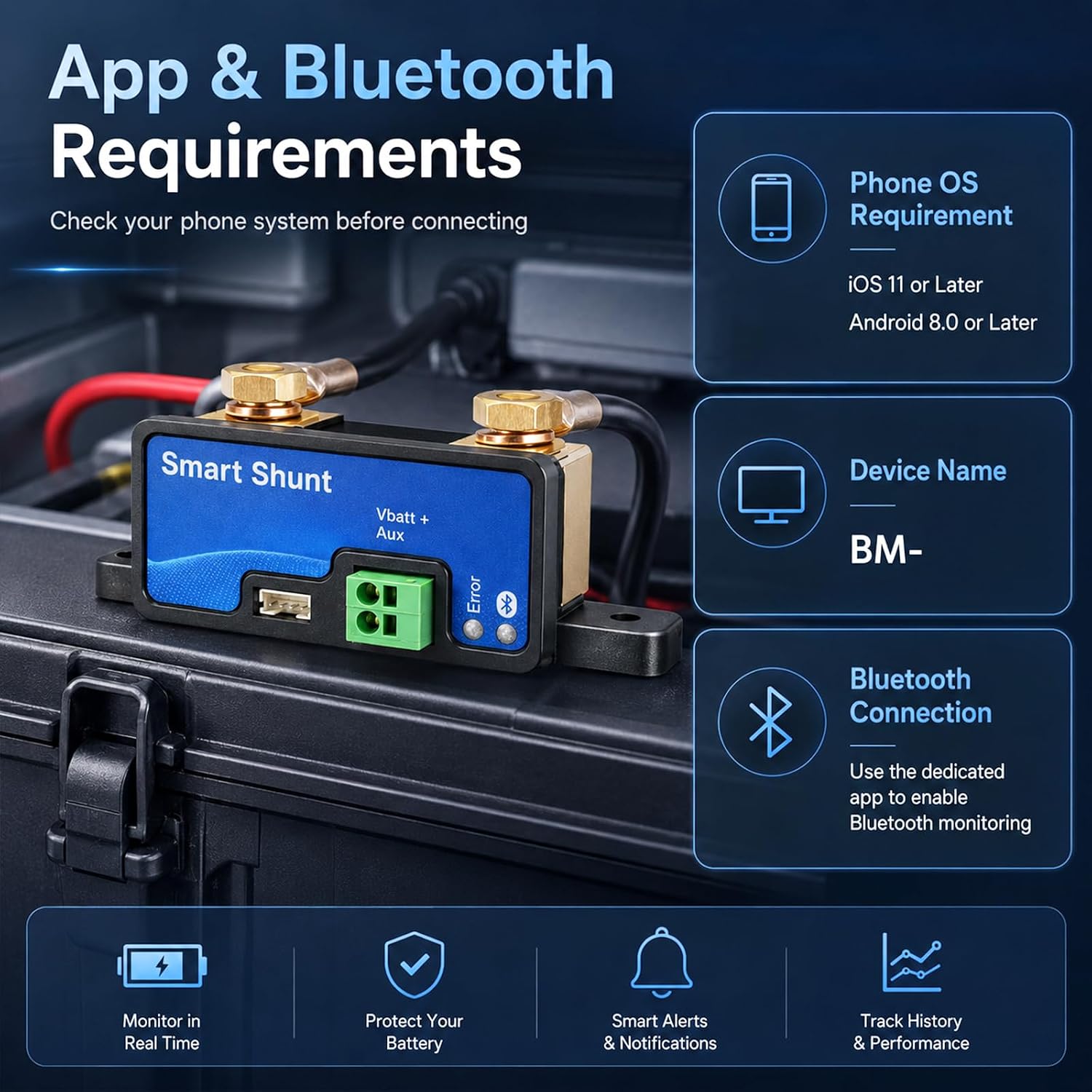 500A Bluetooth Battery Monitor Shunt, 6.5V-70V Intelligent Current Sensor | Fit for LiFePO4 Lead-Acid, 12V 24V 48V