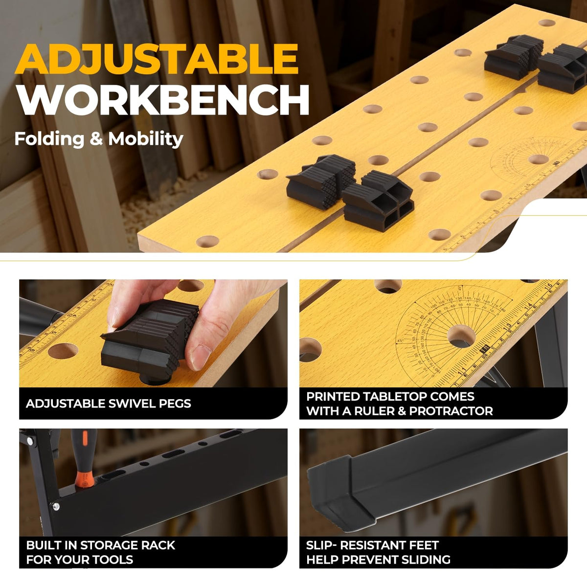 Folding Workbench w/Vise, 10-14" Clamp, Angles 0/45/90, 220Lb