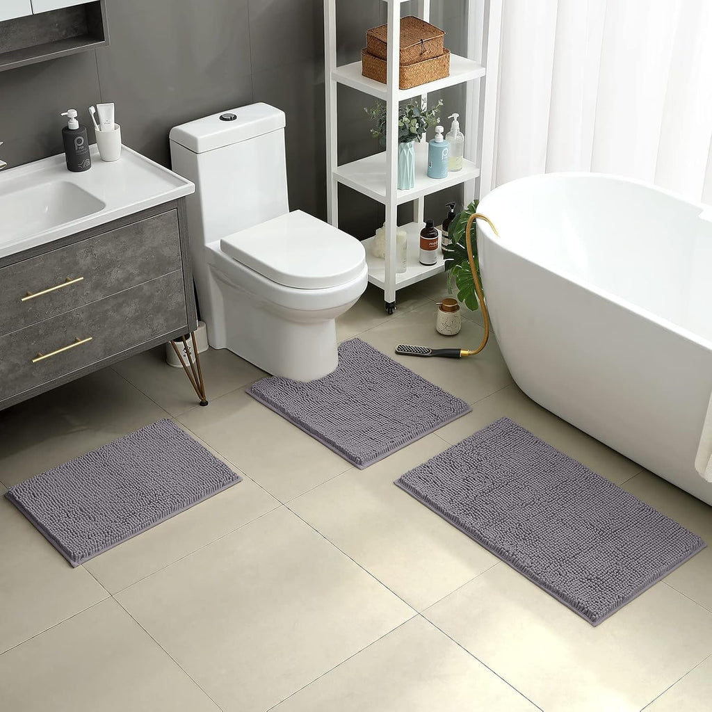 3 Pieces Bathroom Rugs, Soft Thick Absorbent Chenille Bath Mats, Washable Non-Slip Floor Rugs for Shower & Bath, Grey