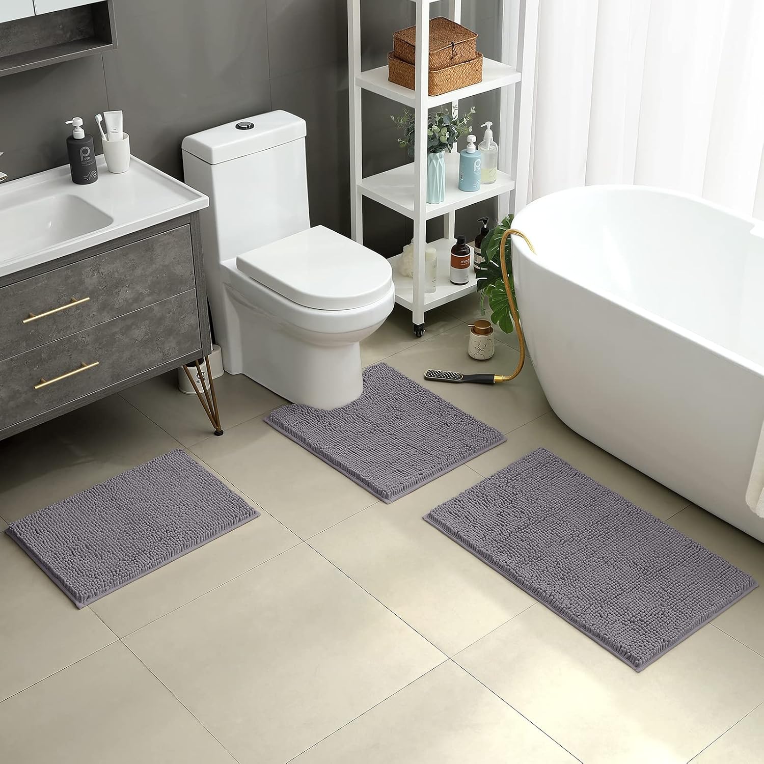 3 Pieces Bathroom Rugs, Soft Thick Absorbent Chenille Bath Mats, Washable Non-Slip Floor Rugs for Shower & Bath, Grey