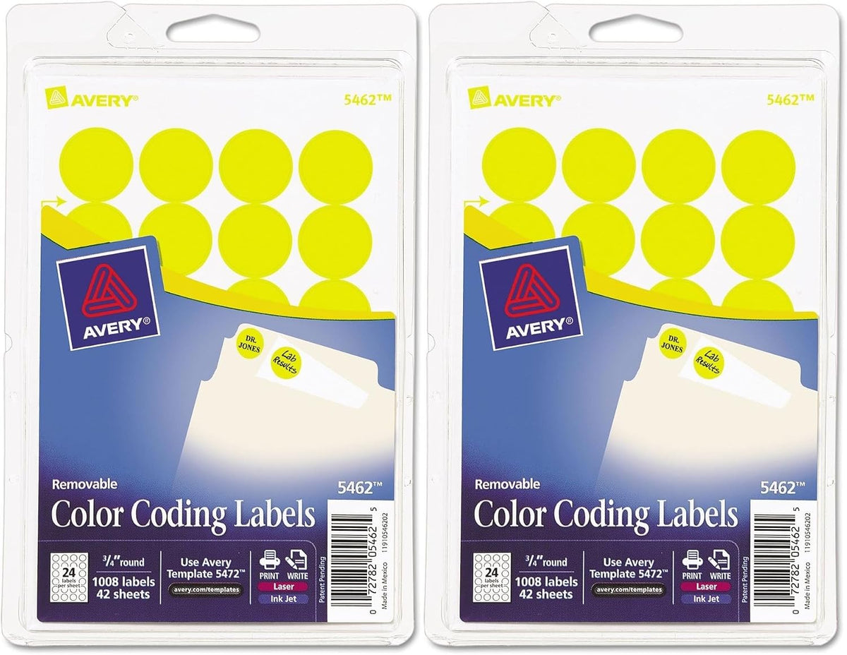 Printable Self-Adhesive Removable Color-Coding Labels, 0.75" dia, Yellow, 24/Sheet, 42 Sheets/Pack, (5462), Sold as 2