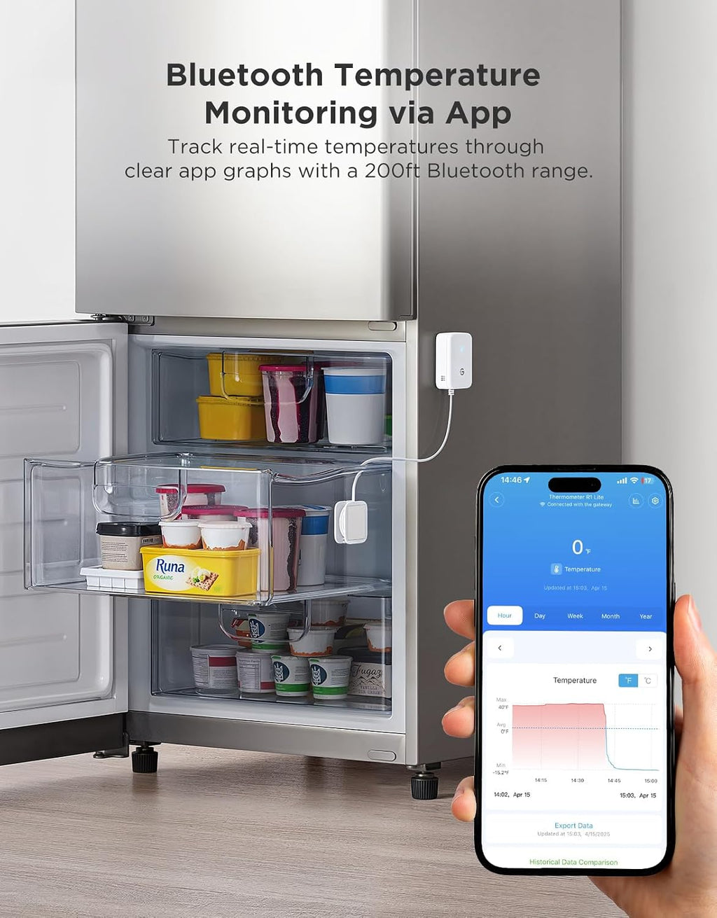 Bluetooth Refrigerator Thermometer Sensor with Alarm, 1-Pack