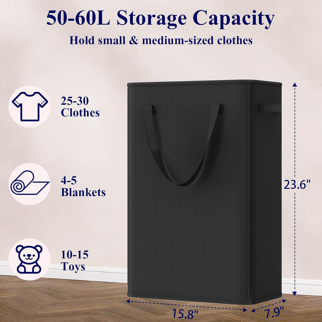 50L Slim Laundry Hamper, Small Laundry Basket With Handles, Black Narrow Laundry Basket for Dorm, Bedroom, Living