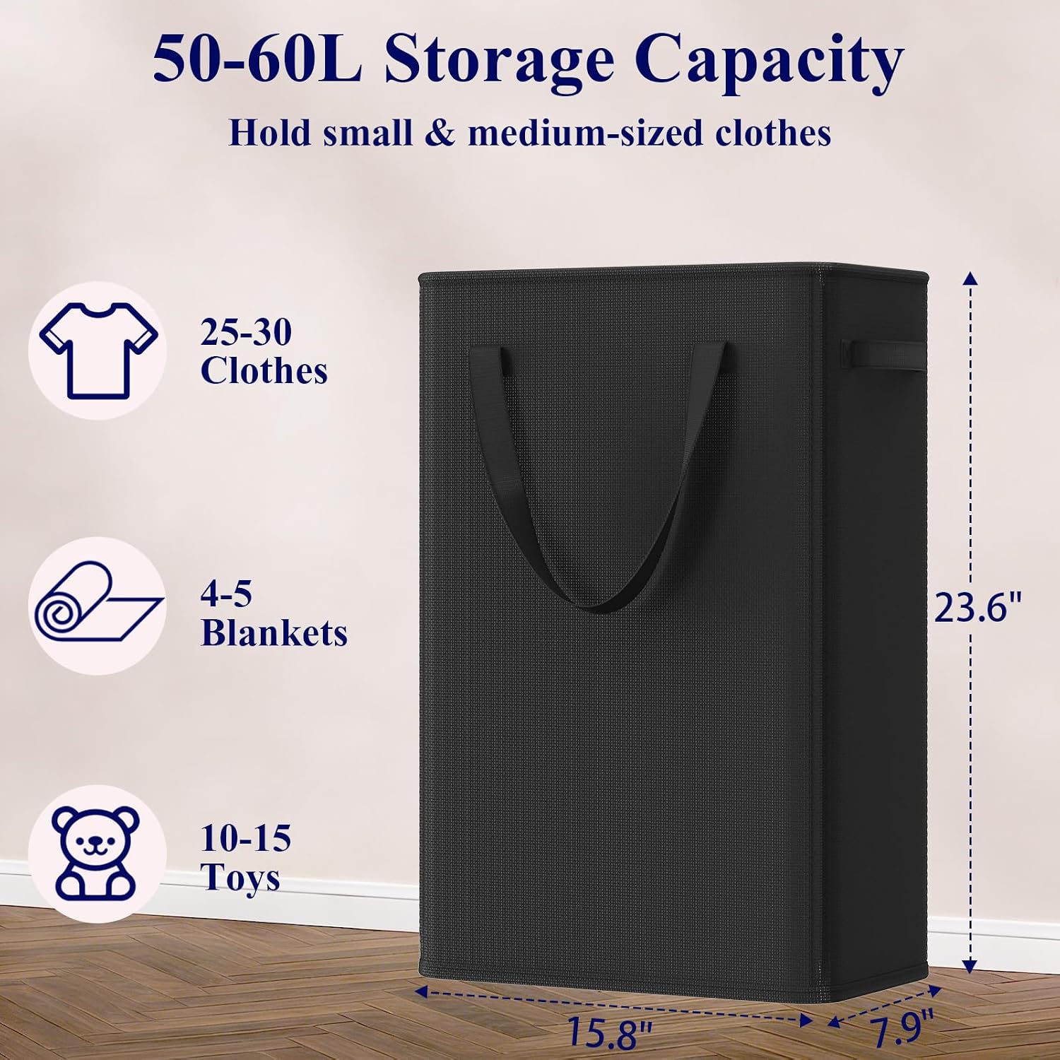 50L Slim Laundry Hamper, Small Laundry Basket With Handles, Black Narrow Laundry Basket for Dorm, Bedroom, Living