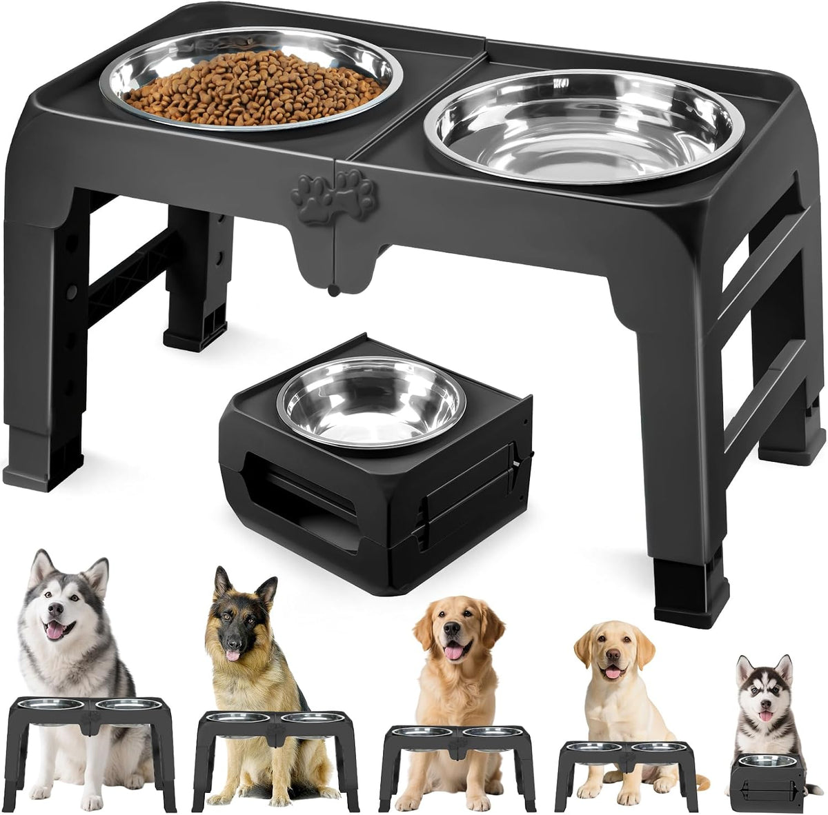 Elevated Dog Bowls for Large Dogs 5 Adjustable Heights 7.5"-15.4", 2 X-Large 10” Stainless Steel Bowls, Heavy Duty