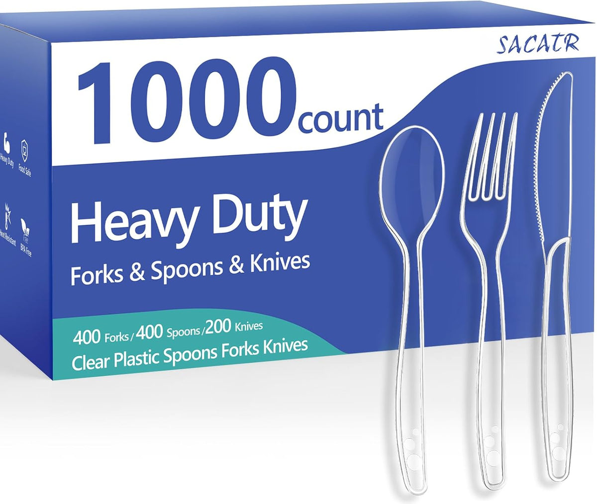 1000 Count Clear Plastic Silverware Heavy Duty -Forks, Spoons,Knives