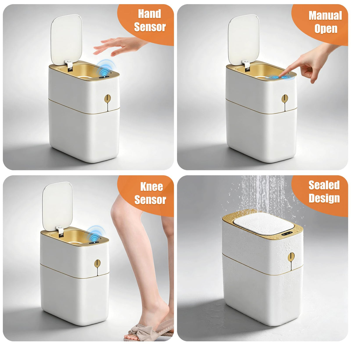 Smart Bathroom Trash Can with Lid, 3.6 Gallon Slim Motion Gold Sensor Garbage Bin with Inner Bucket, Trash Can with