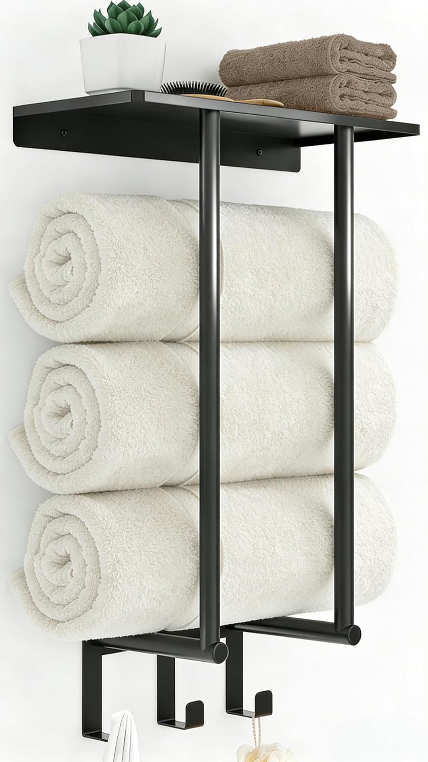 Towel Racks for Bathroom Wall, Black Small Towel Holder with Hooks | Stainless Steel Towel Shelf and 3 Hooks for