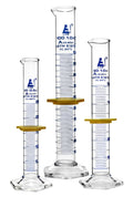 EISCO Premium Graduated Cylinder Set - 25mL, 50mL & 100mL - ASTM, Class A - Protective Collars, Hexagonal Base - Blue Graduations - Borosilicate 3.3 Glass