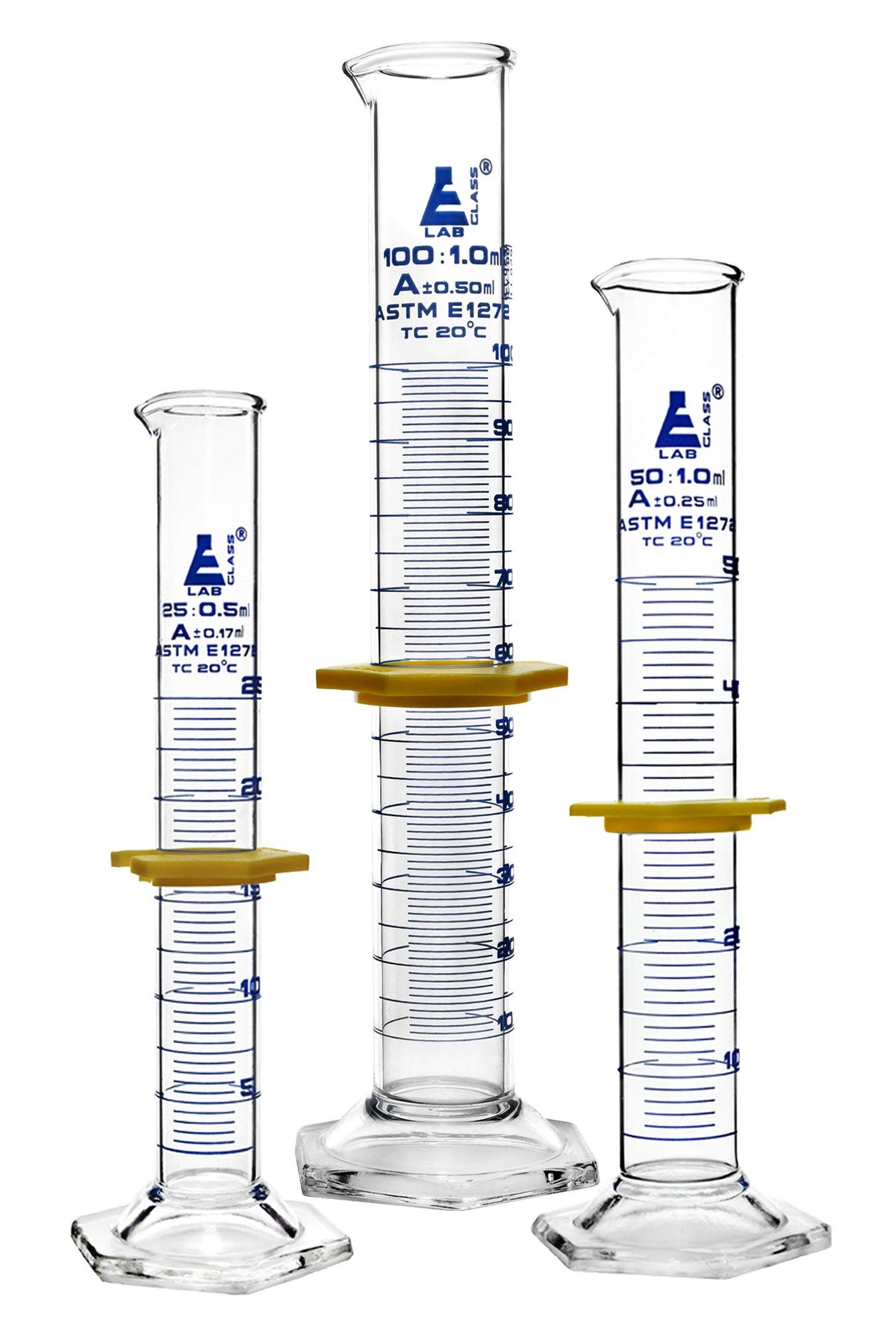 EISCO Premium Graduated Cylinder Set - 25mL, 50mL & 100mL - ASTM, Class A - Protective Collars, Hexagonal Base - Blue Graduations - Borosilicate 3.3 Glass