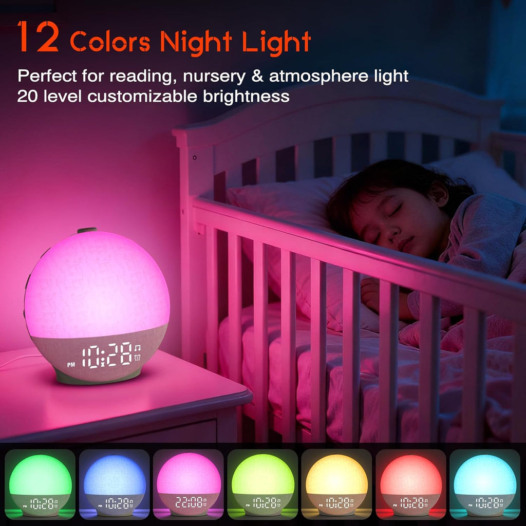 Sunrise Alarm Clock White Noise Machine, Sunset Simulation, 30 Sleep Sounds | 12 Color Night Lights, Dimmable