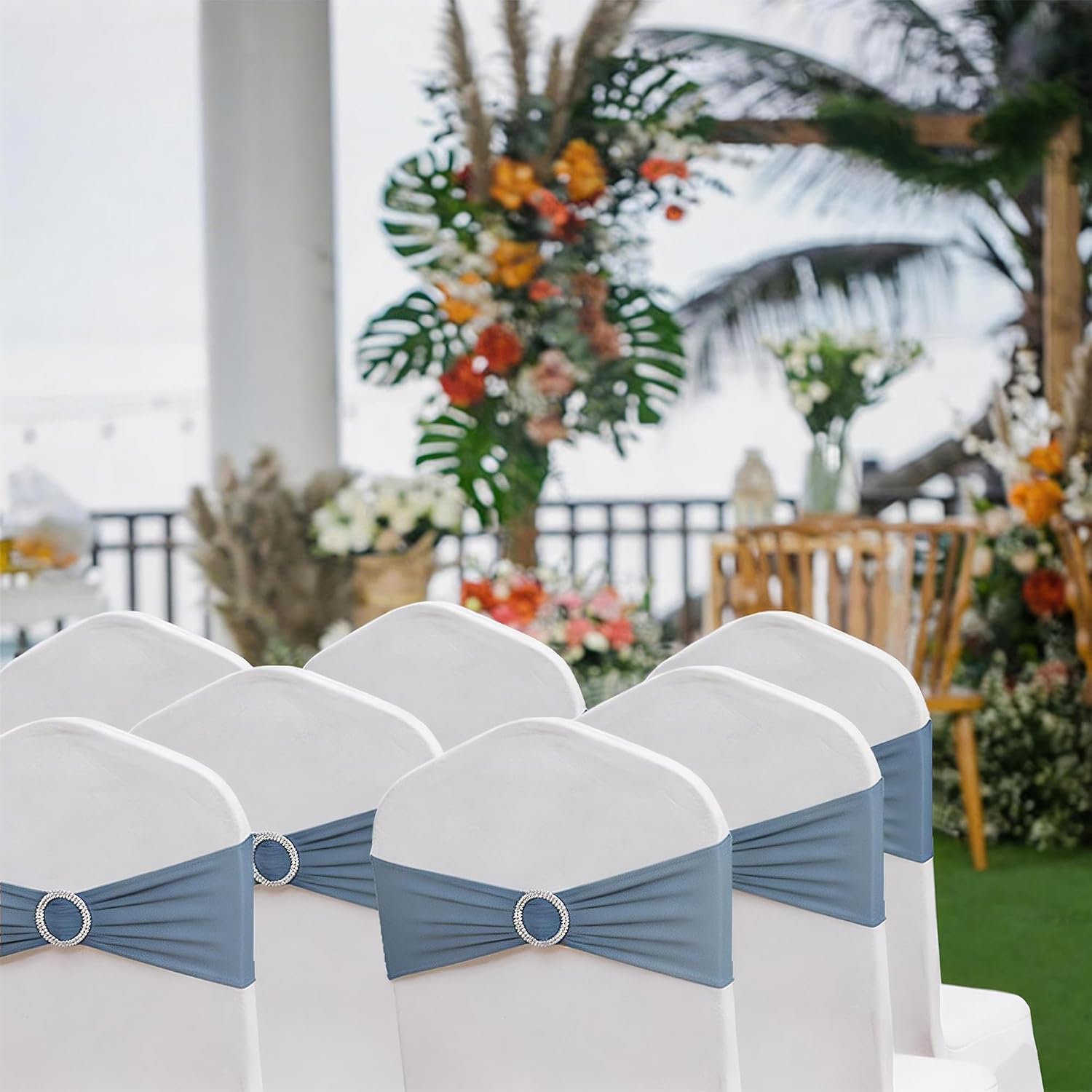 Pack of 50PCS Spandex Dusty Blue Chair Sashes Bows Elastic Chair Cover Bands Slider Buckles for Wedding Reception