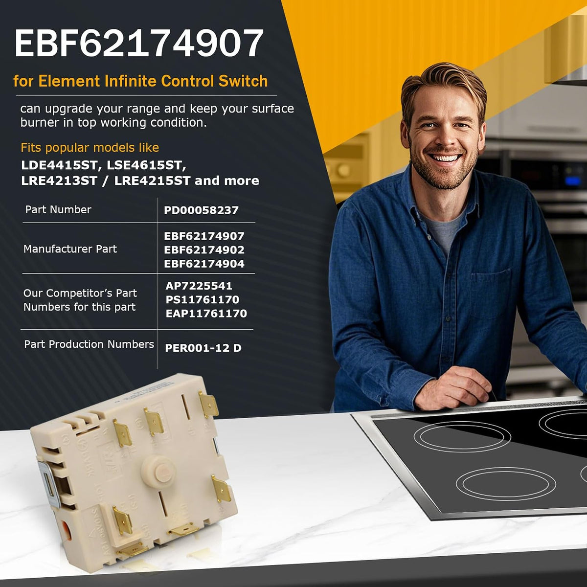 EBF62174907 EBF62174904 EBF62174902 Infinite Switch Compatible with Range Surface Element Control, EBF62174904 Infinite Switch Replaces for PER001-225 D, for Stove Replacement Parts