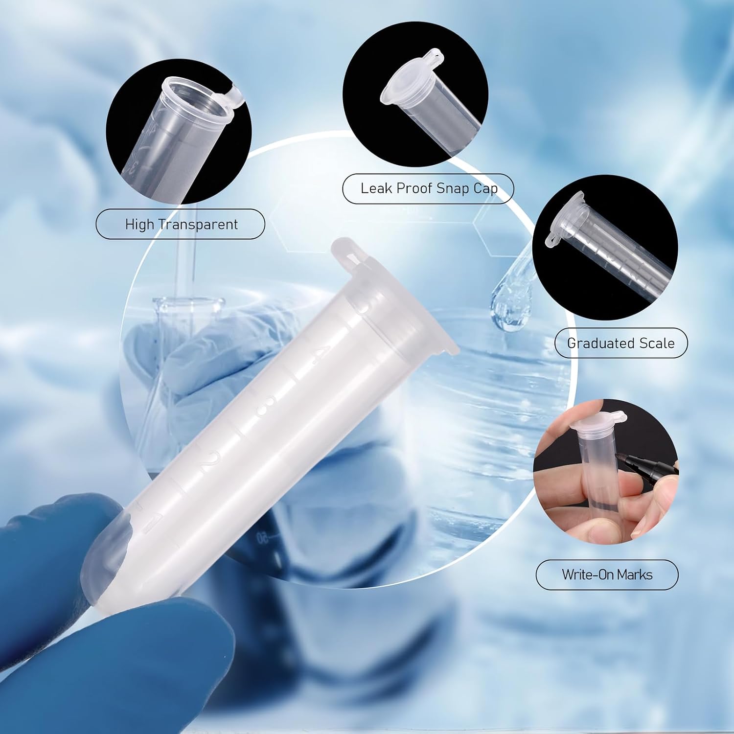 5mL Round Bottom Centrifuge Tubes with Rack, 100pcs | Plastic, Leak Proof, Clear, Graduated Marks and Writing Area