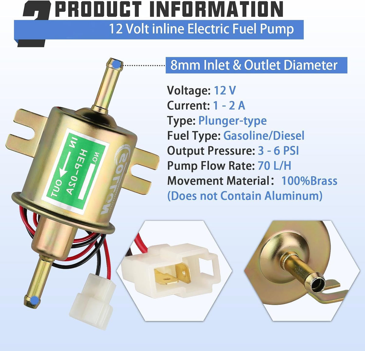 Electric Fuel Pump Kit 12V Universal Low Pressure Transfer Inline with 10pcs Hose Clamps 6.56 FT 5/16" ID Fuel Line