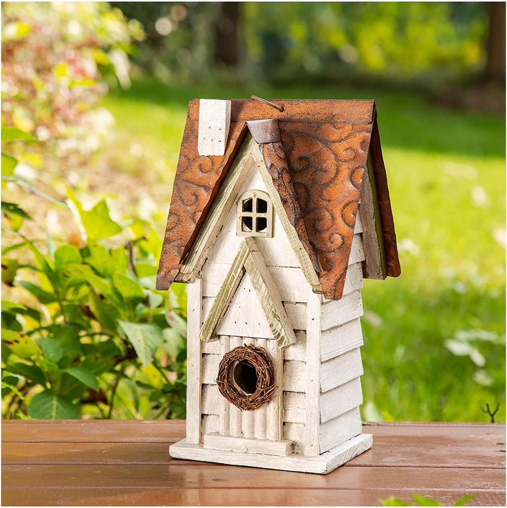 Bird Houses for Outside, 12" H Washed White Distressed Solid Wood Cottage Bird Nesting Box Hanging Bird House for