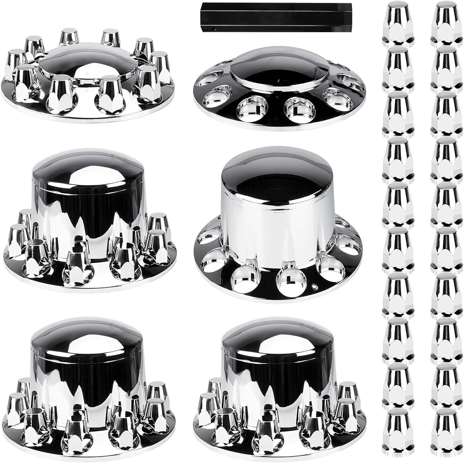 Dome Axle Cover Combo Kits for Semi Truck Hubs w/Screw-On 33mm Lug Nut, ABS Plastic Chrome Plated, 2 Front & 4 Rear