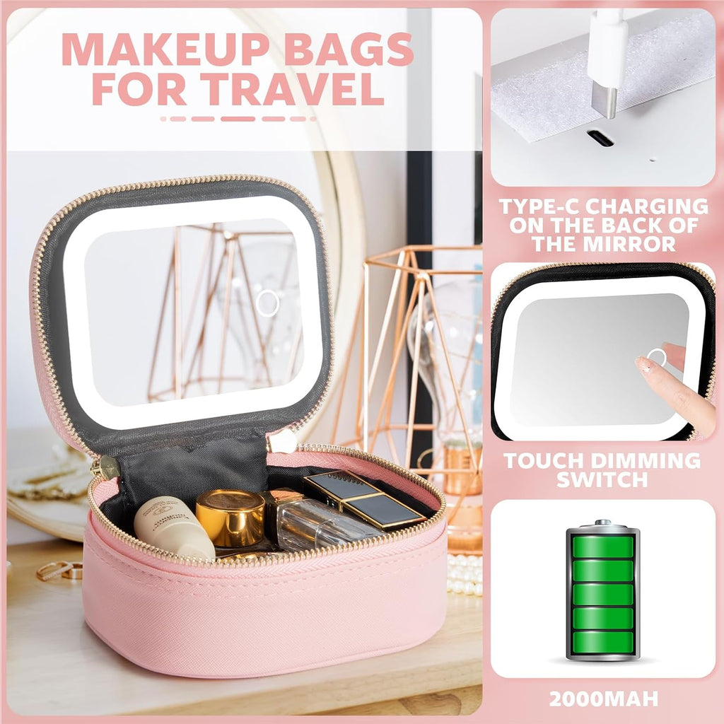 Mini Makeup Bag with Led Mirror, Small Travel Make up Bag 3 Light Modes Adjustable Brightness, for Women Organizer