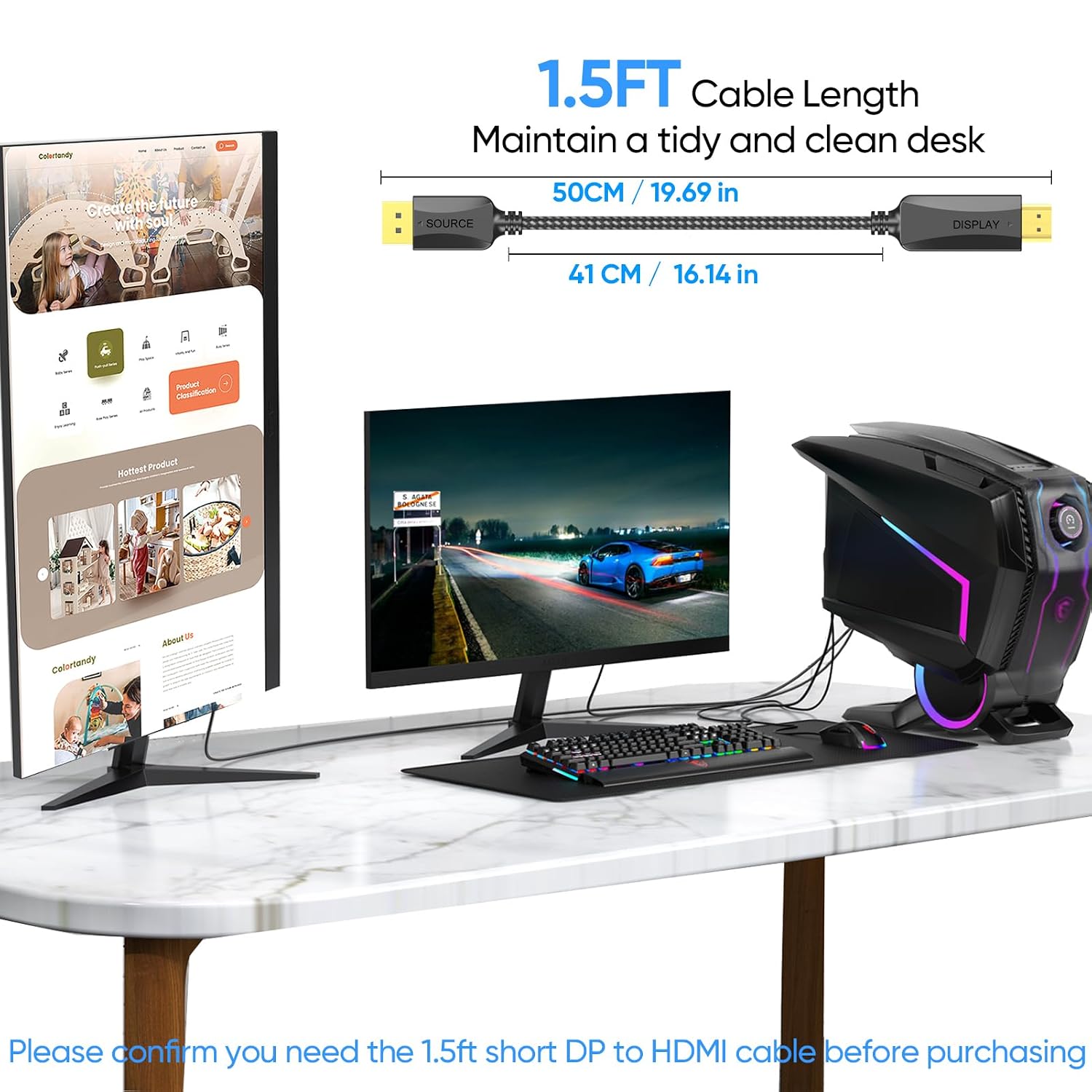 DisplayPort to HDMI Cable 4K 1.5 Feet, Short DP (Display Port) to HDMI Cable Adapter Male to Male Support Video and
