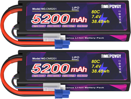 7.4V Lipo Battery 2S 5200mAh 80C Lipos Hard Case with EC3 Connector for RC Car Trucks 1/8 1/10 RC Vehicles(2 Packs)
