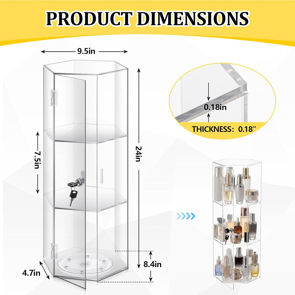 24'' H Rotating Jewelry Display Case with Lock and Keys, 360-degree Locking Acrylic Clear Cabinet for Collectibles